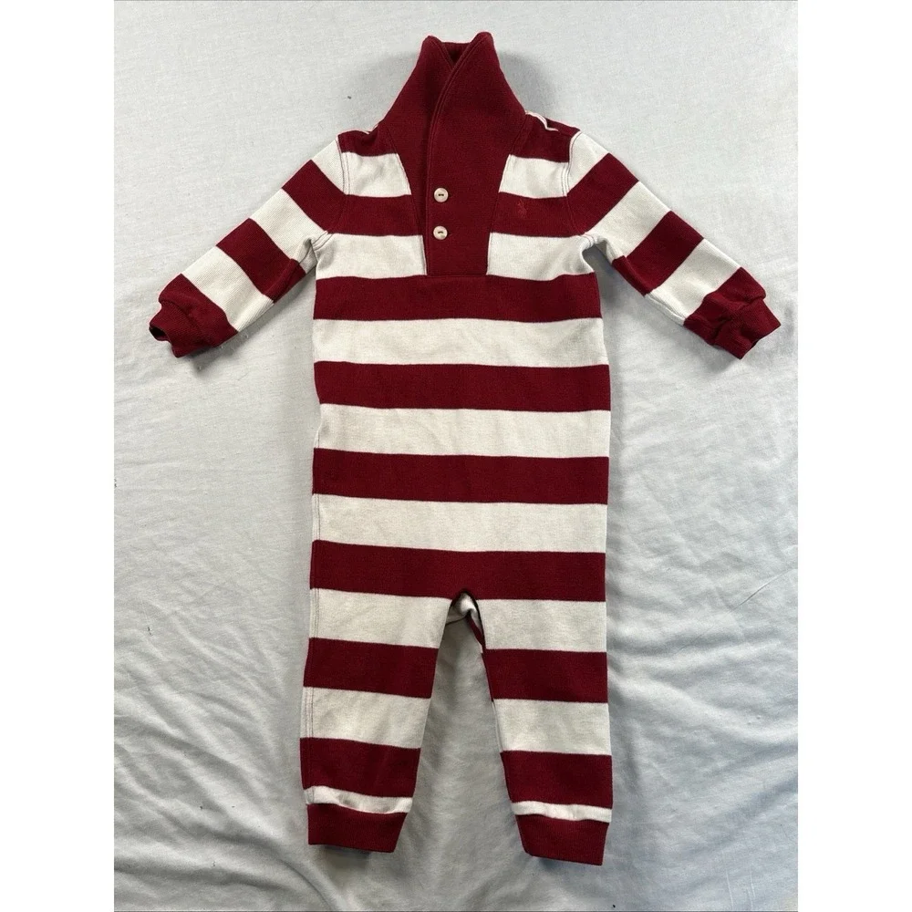 Ralph Lauren Baby Romper 12 Months Rugby Stripe Shawl Collar Red White Snap Legs